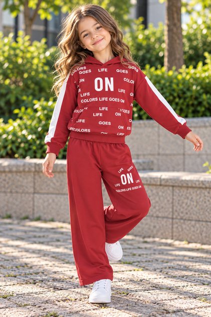Ss Gi̇yi̇m Girls' Tracksuit Set – Hooded Lettered Sweatshirt and Pants
