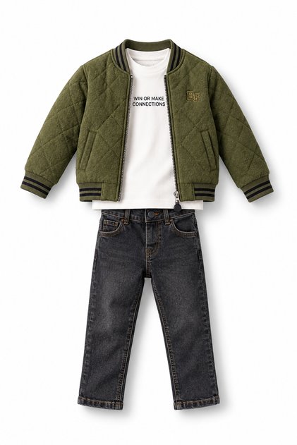 Boys' 3-Piece Set Khaki Quilted Bomber Jacket, Printed T-Shirt and Jeans 2-3-4-5 Years Old