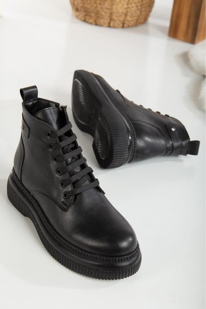 Women's Leather Zippered and Lace-Up Thick Soled Boots