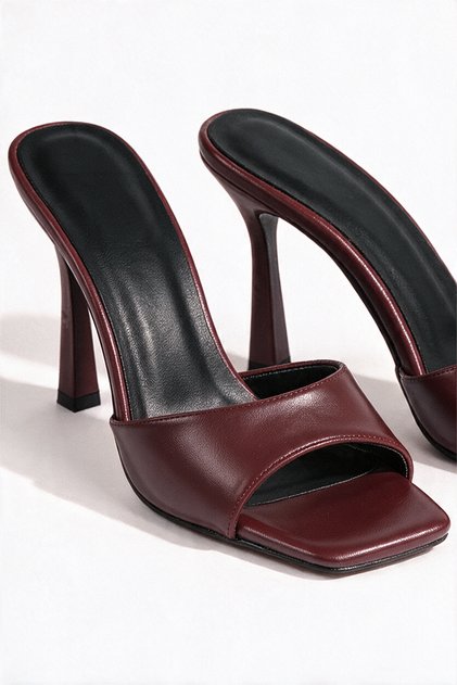 Bordo Cilt - Terlik - Kare Burunlu 11 cm İnce Ökçeli Terlik