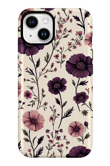 iPhone 15 Compatible - Purple Flowers, Double Layer Cover, Glossy Surface Protective Case