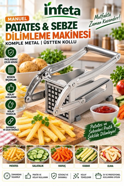 Complete Metal Manual Potato and Vegetable Slicer Machine with Top Handle and Stainless Steel Blades