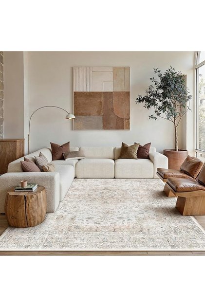 سجادة غرفة معيشة كلاسيكية من PureCozy مقاس 200×300 سم، بيج وأبيض، سجاد كبير غير قابل للانزلاق، قابل للغسل بتصميم عتيق