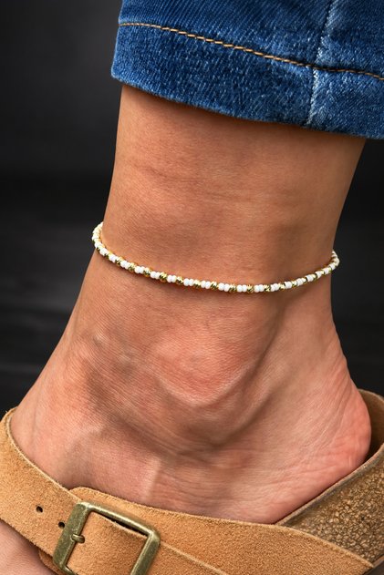 Bym39-1 Women's White Beaded Gold Dorika Detailed Thin Anklet Elegant Summer Anklet