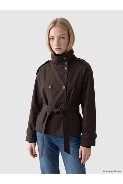 Brown Stand Collar Oversize Women's Trench Coat
