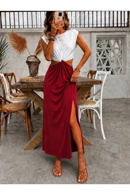 Women's Red Low-Cut Waist Slit Crew Neck Sleeveless Maxi Dress with Knot Detail