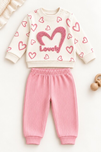Baby Girl 2-Piece Set with Heart Pattern and Lovely Writing on Top and Bottom, Seasonal Set