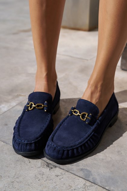 Ginto Women's Navy Blue Genuine Suede Loafer Shoes with Buckle Detail