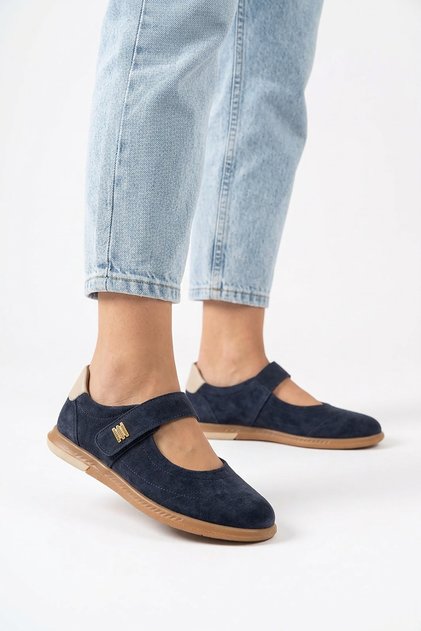 Orpelas Velcro Stitched Genuine Leather Women's Sports Ballerinas Navy Blue Suede