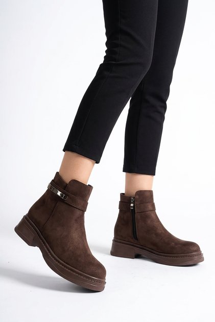 Nertes women's classic everyday boots with side buckle - coffee suede