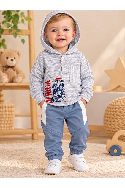 Baby Boy Hooded Lion Printed Top & Striped Jogger Pants Cotton 2-Piece Baby Set