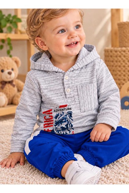 Baby Boy Hooded Lion Printed Top & Striped Jogger Pants Cotton 2-Piece Baby Set
