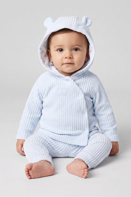 Toddlers Boy 2 Pieces Knitted Hoodie And Footed Pants Set, Light Blue