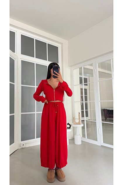 Kırmızı Kapüşonlu Hırka Beli Lastikli Geniş Paça Pantolon İkili OYS Modal Kumaş Takım GAUS-02152