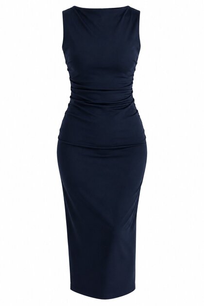 Navy Blue Draped Detailed Midi Slit Dress - 2Y0506