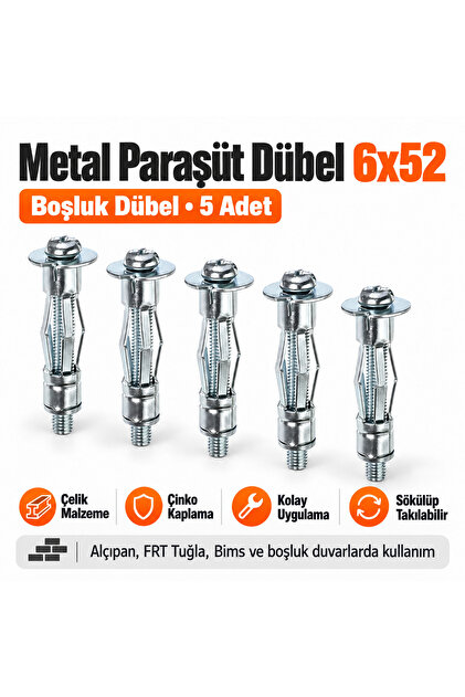 Boşluk Dübel Çelik Alçıpan Frt Tuğla Duvar Bims Paraşüt Dübeli 6X52 Metal (5 Adet)