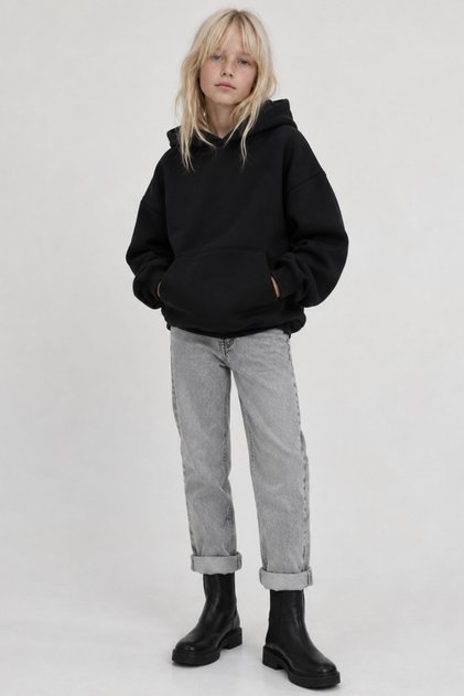 Girl's Oversize Basic Hoodie Sweatshirt Black – Hooded, Kangaroo Pocket, 3 Thread Fleece