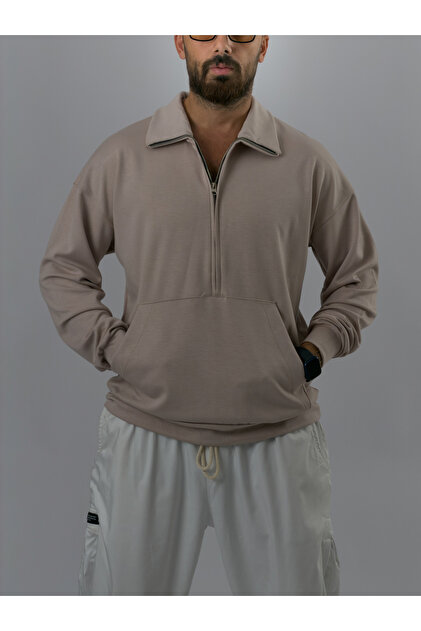 Zippered Polo Collar Beige Men's Sweatshirt Coc3523