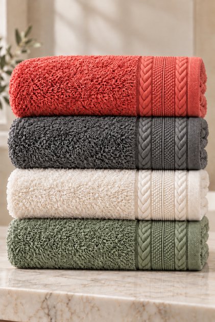Puffy 4 Adet %100 Bambu Renkli Çavuş Desenli Ultura Yumuşak 50x85 Cm Havlu / Yüz Havlusu / Saç Havlusu / Çeyiz Seti