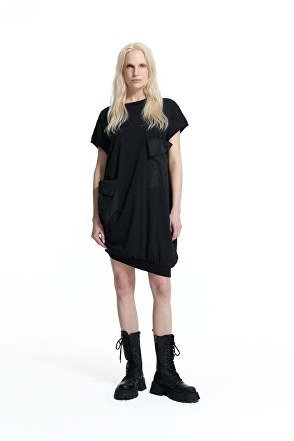 Black Asymmetrical Dress with Pocket Detail 19144