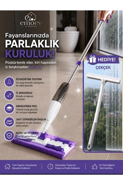 2'li Zemin Ve Cam Temizlik Seti - 360° Döner Başlıklı Spreyli Mop Paspas + Hediye Cam & Ayna Çekçeği