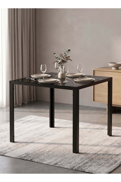 Dining Table for 2–4 People,72x72x63 cm–Tempered Glass Top and Steel Legs with Floor Protection Pads