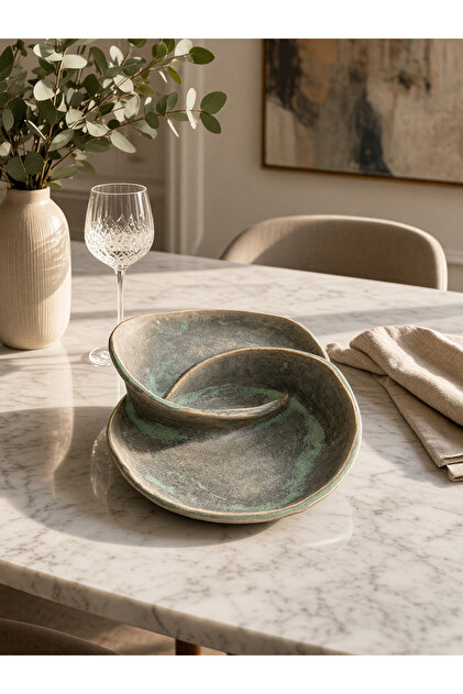 Özel Tasarım El Yapımı İki Bölmeli Sunumluk , Meyvelik , Kahvaltılık , Dekoratif Stoneware Tabak
