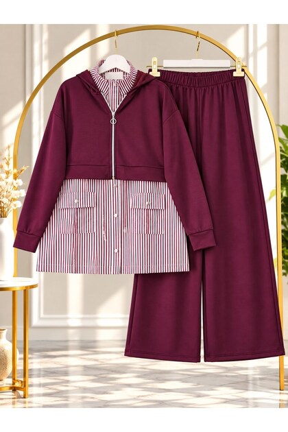 Women's Hijab 3-Piece Shirt Collar Pants Set Burgundy