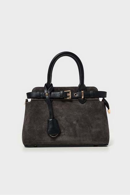 Genuine Suede Accessory-Detailed Handbag-Black