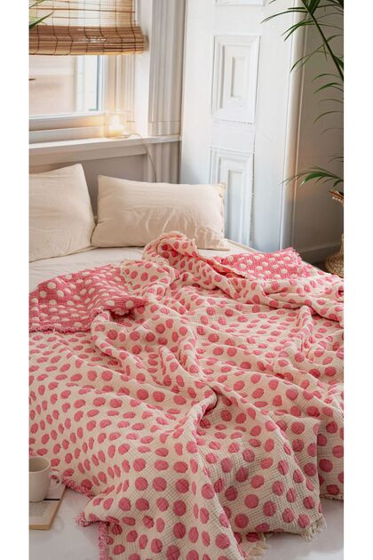 100% Cotton Polka Dot Patterned Fringed Muslin Quilt & Bedspread Single Size (160X220 cm) – Thinly Filled for All Seasons