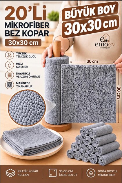 20'li Rulo Mikrofiber Temizlik Bezi Seti 30x30 cm Yüksek Emici İz Bırakmaz Çok Amaçlı Bez