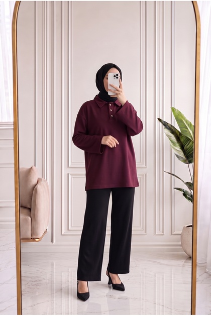 نيفكان ياكالي 3 Düğme Sweat-MA759 أحمر داكن