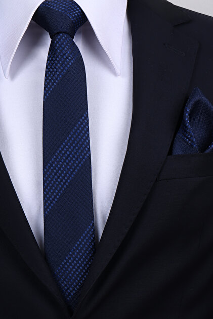 Hand Made 6 cm Striped Pattern Navy Blue-Blue Color Handkerchief Tie