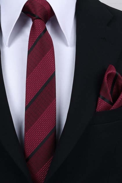 Hand Made 6 cm Striped Pattern Burgundy-Black Color Handkerchief Tie