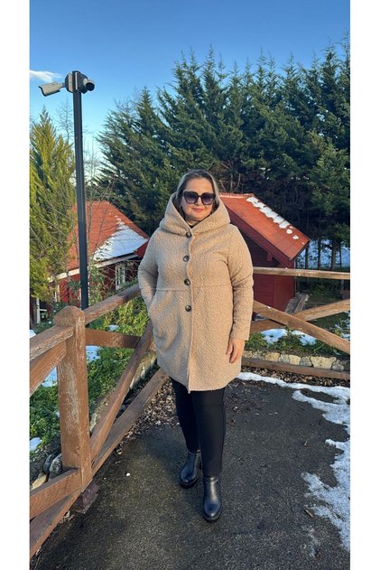 Kadın Büyük Beden Kapüşonlu Buklet Yün Hırka Düğmeli Cepli Dış Giyim Ceket