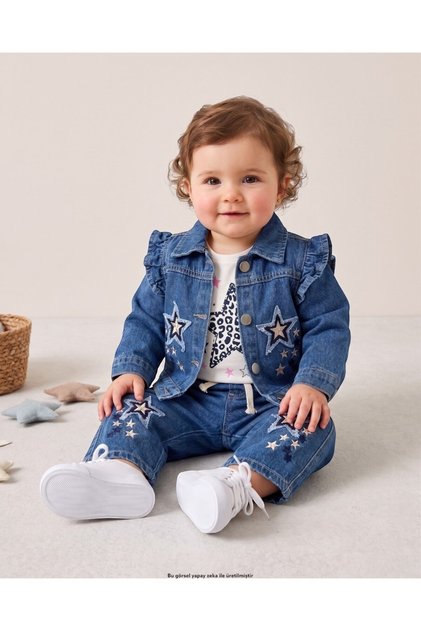 Girl's Star Embroidered 1-2-3-4 Years Old 3-Piece Denim Set, Denim Set with Jacket R2896 L Slim Fit.