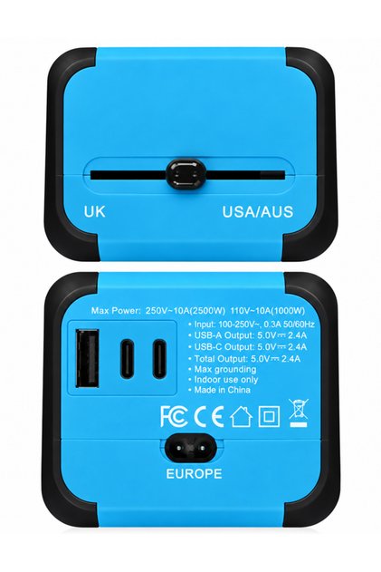 Universal Travel Adapter 2500W, International Power Plug Adapter with 1 USB-A & 2 USB-C Ports, Worldwide Converter for US, UK, EU & Australia, Compact Travel Charger for Business Trips