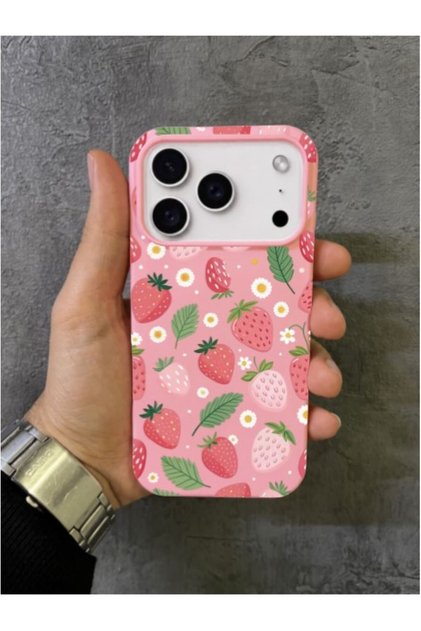 iPhone 17 Pro Max Compatible Colorful Strawberries and Leaf Motif Pink Case
