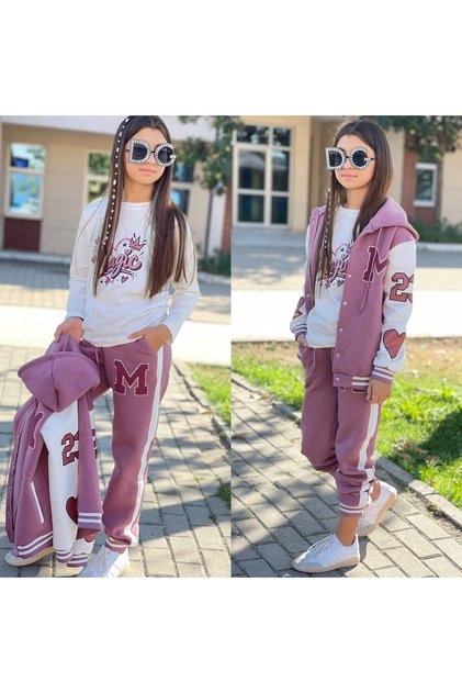 Girl's 3-Yarn Embroidered College Jacket Printed 3-Piece Set - Hooded Sweatshirt 100% Cotton Top and Bottom Set