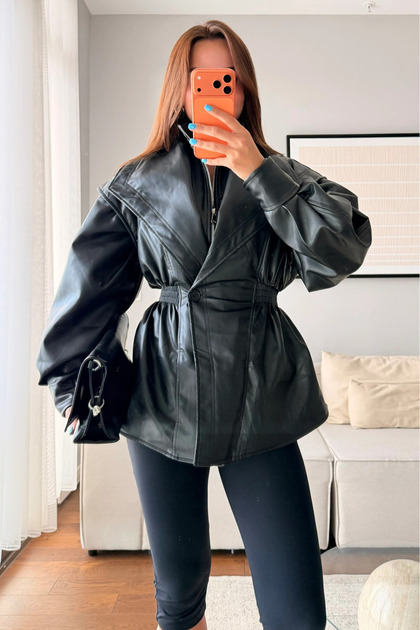 Black Leather Jacket with Elastic Waist Detail - 5166