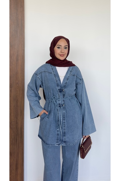 Women's Jacket with Pocket Details, Oversize, Belted, V-Neck, Top Button Closure, Pants, Denim Suit