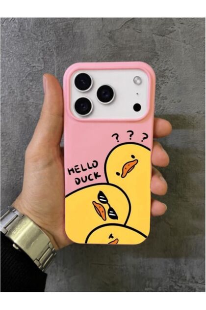 iPhone 17 Pro Max - 18 Pro Max Compatible Hello Duck Written Yellow Ducks Patterned Pink Case
