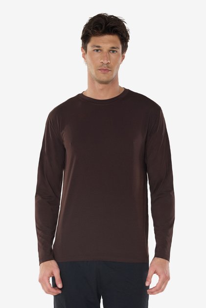 Men's Brown Crew Neck Micro Modal Extra Soft Comfortable Fit Long Sleeve T-Shirt 945