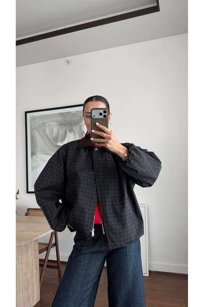 Kadın Kadife Yaka Ekoseli Oversize Ceket - Düğmeli Kareli Blazer