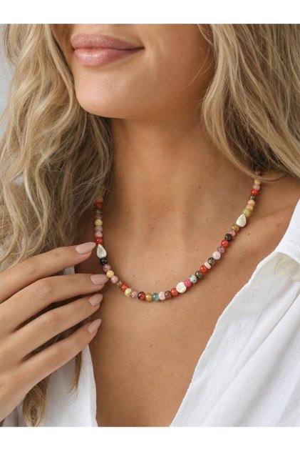 Colorful Natural Stone Necklace - Amethyst, Carnelian, Strawberry Quartz, Tiger's Eye and | Confetti