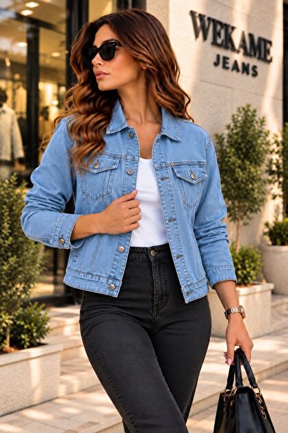 Kadın Jean Denim Standart Kalıp Cepli Düğmeli Kot Ceket