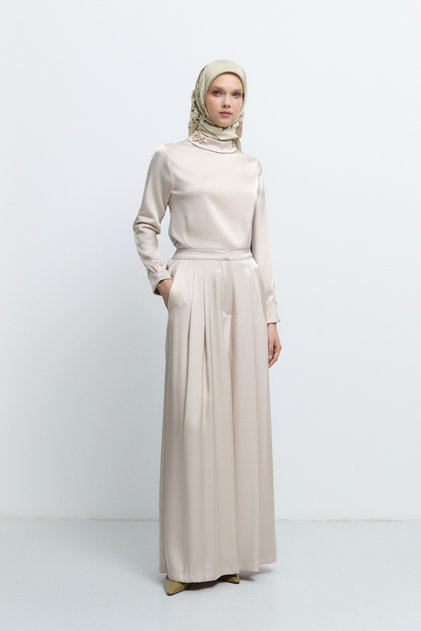 Pile Detaylı Rahat Kesim Pantolon - Bej