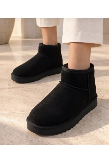 Women's Black Suede Fur Lined Mini Warm Flat Sole Winter Boots 2809