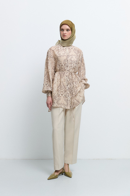 Rayon Karışımlı Pileli Pantolon - Bej
