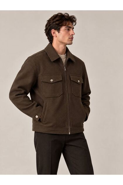 Men's Brown Collared Double Pocket Lined Cashmere Coat Jacket